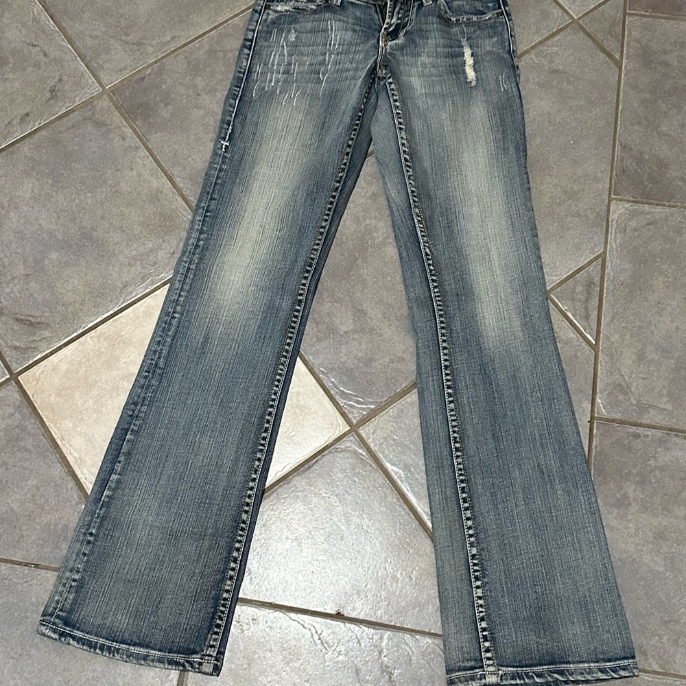 Cowgirl Tuff Distressed Flare Jeans in Blue